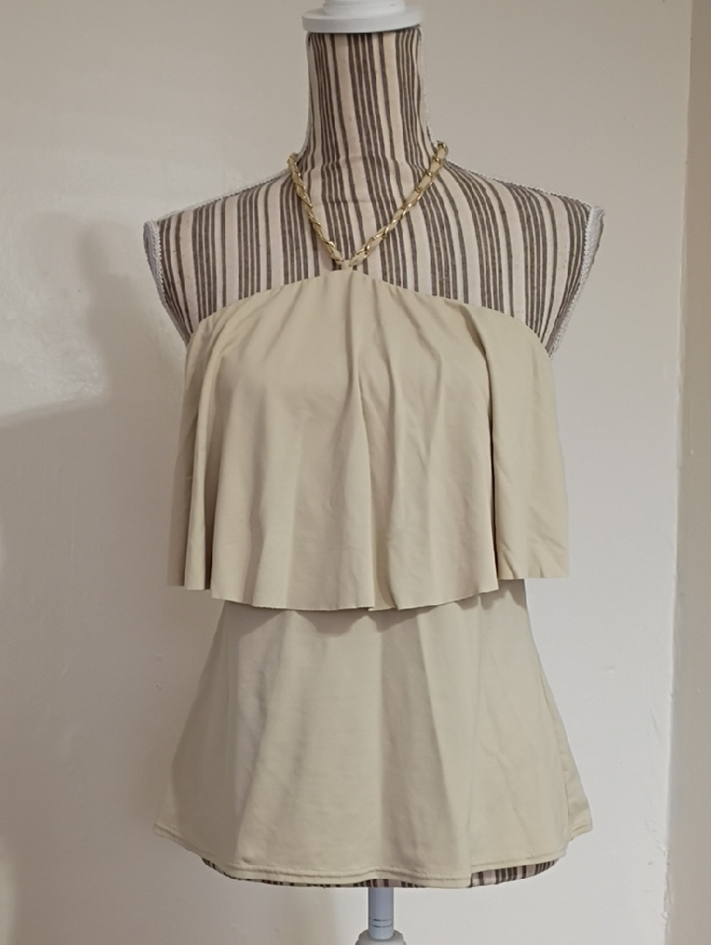 Michael Kors Beige Halter Layered Tankini Top w Chain Strap Size M
